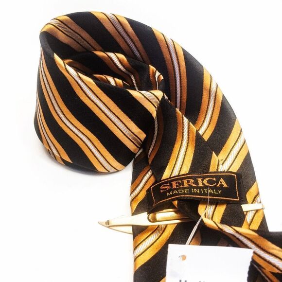 100% Silk VTG Serica Tie & Scimitar Sword Tie Bar Mother of Pearl - Picture 13 of 14